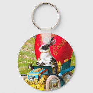 Easter Bunny With Cool Car Vintage Floral Keychain