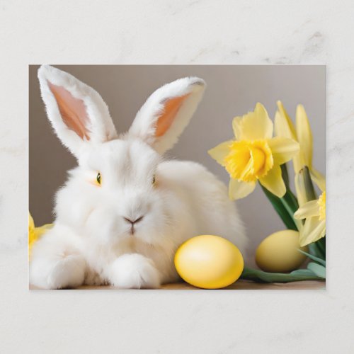 Easter Bunny with Daffodils and Easter Eggs  Holiday Postcard