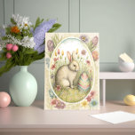 Easter Bunny with Decorated Egg and Flowers Card