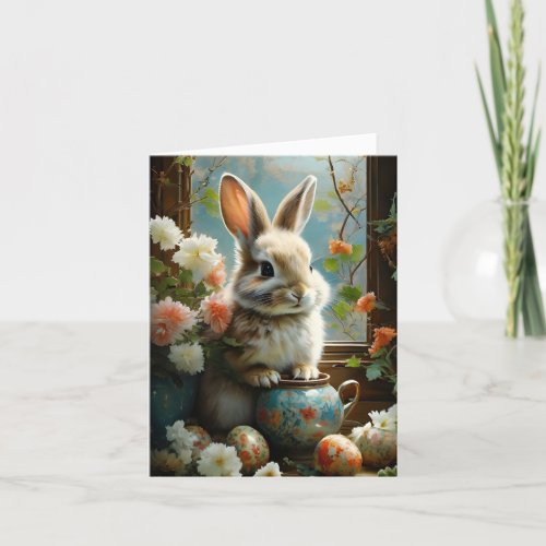Easter Bunny with detailed eggs and flowers Holiday Card