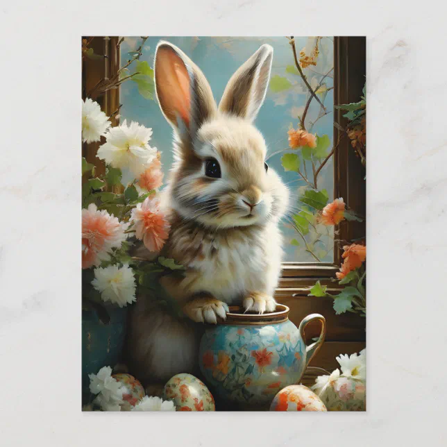 Easter Bunny with detailed eggs and flowers Postcard | Zazzle