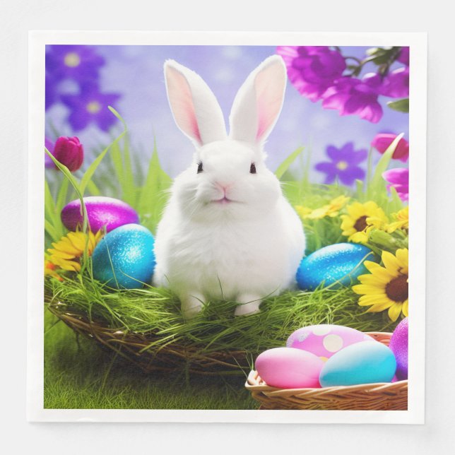 Easter Bunny With Easter Egg Basket Paper Dinner Napkins (Front)
