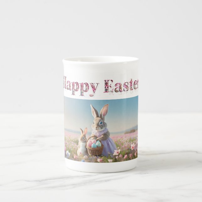 Easter bunny with Easter Eggs Happy Easter Bone China Mug (Front)
