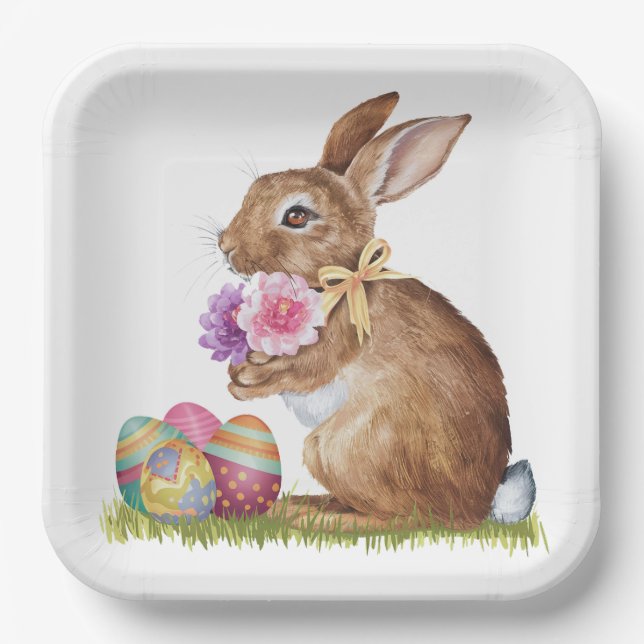 Easter Bunny With Eggs and Flowers Paper Plates (Front)