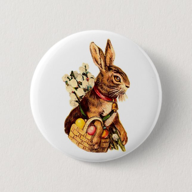 Easter Bunny With Eggs and Flowers Pinback Button (Front)