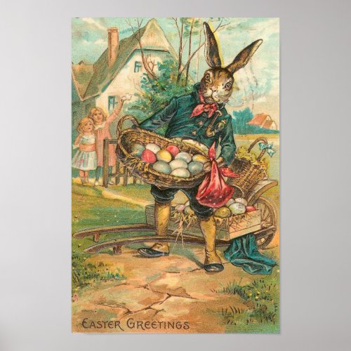 Easter Bunny With Eggs For Children Vintage Poster