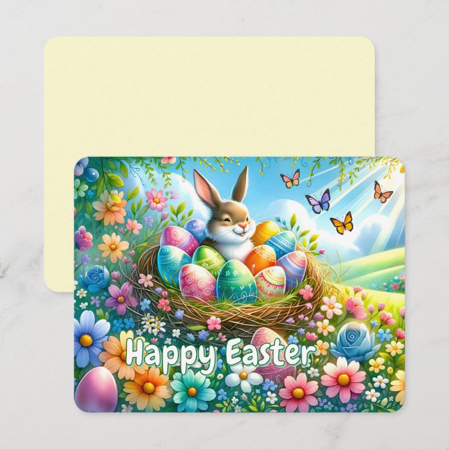 Easter Bunny with Eggs in Flower Garden -  Holiday Card (Front/Back)