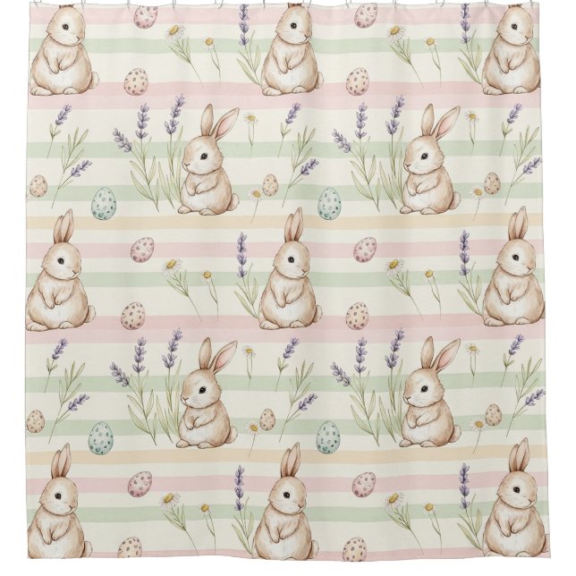 Easter Bunny with Eggs Spring Pastel Pattern Shower Curtain (Front)