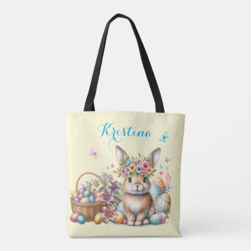 Easter Bunny With Floral Basket and Colored Eggs Tote Bag