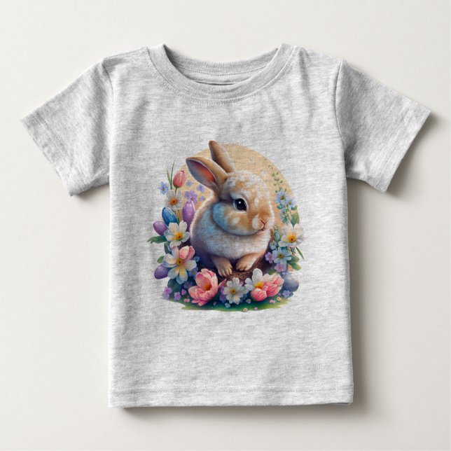 Easter Bunny with Flowers, spring Bunny easter day Baby T-Shirt (Front)