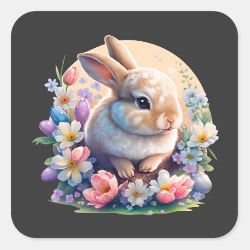 Easter Bunny with Flowers spring Bunny easter day Square Sticker