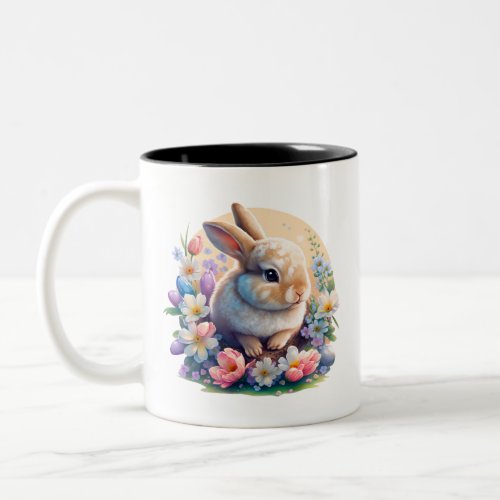 Easter Bunny with Flowers spring Bunny easter day Two_Tone Coffee Mug
