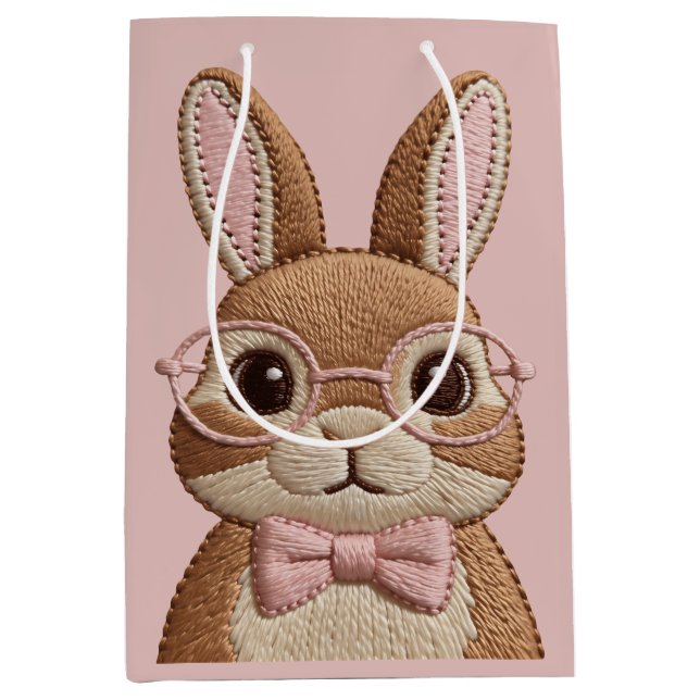 Easter Bunny with Glasses & Bow – Embroidered Look Medium Gift Bag (Front)