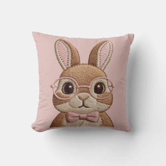 Easter Bunny with Glasses & Bow – Embroidered Look Throw Pillow