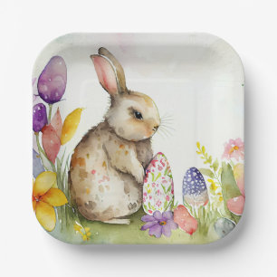 Easter bunny with painted eggs in the garden paper plates
