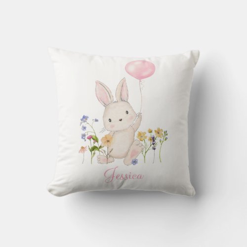 Easter Bunny with Pink Balloon  Wildflowers Throw Pillow