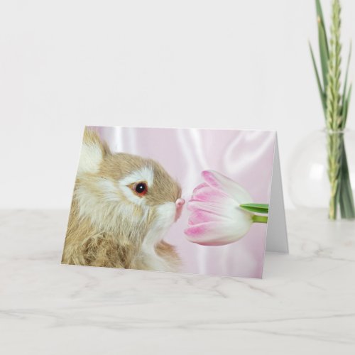 Easter Bunny with Pink Tulip  Holiday Card