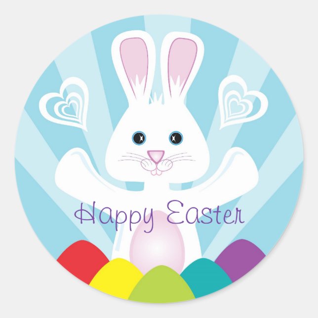 Easter Bunny with Rainbow Eggs, Happy Easter Classic Round Sticker (Front)