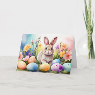 Easter Bunny with Spring Flowers, Painted Eggs Holiday Card