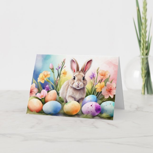 Easter Bunny with Spring Flowers, Painted Eggs Holiday Card (Front)