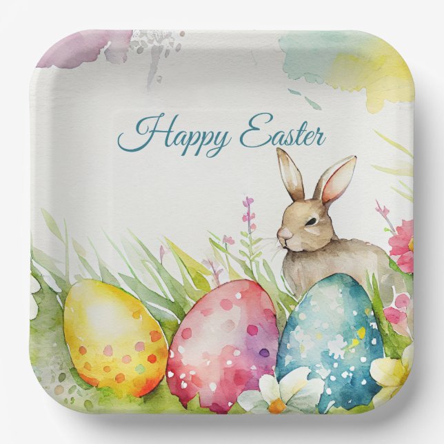 Easter bunny with three Easter Eggs Paper Plates (Front)