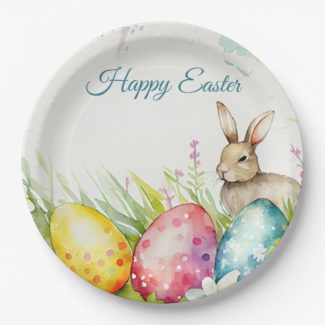 Easter bunny with three Easter Eggs Paper Plates (Front)
