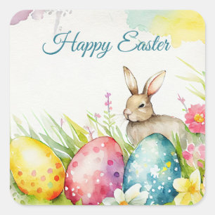 Easter bunny with three Easter Eggs Square Sticker