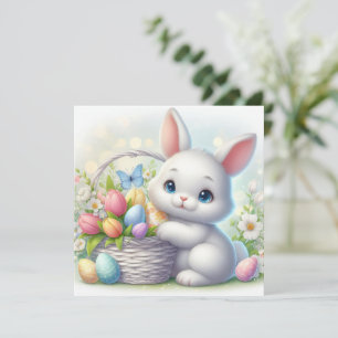 Easter Bunny with Tulips and Pastel Egg Basket Card