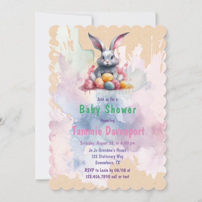 Easter Bunny with Watercolor Eggs Baby Shower Invitation (Front)