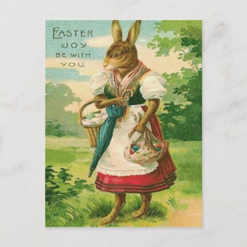 Easter Bunny Woman Basket Colored Egg Holiday Postcard