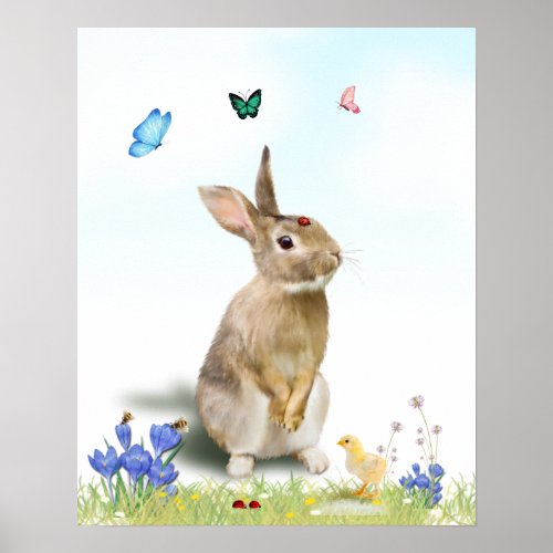 Easter Bunny Yellow Chick Butterflies Lady Bugs   Poster