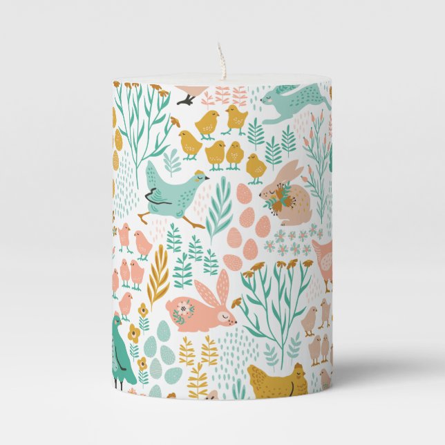 Easter Bunny's and Chickens Pattern Pillar Candle (Front)