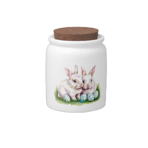 Easter Candy Jar with Two White Bunnies & Blue Egg