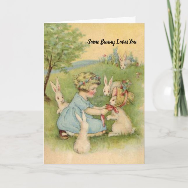 Easter Card, Little Girl with White Bunnies Holiday Card (Front)