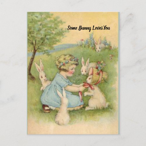 Easter Card Little Girl with White Bunnies Holiday Postcard