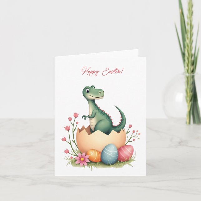 Easter card with a dinosaur in pastel colors (Front)