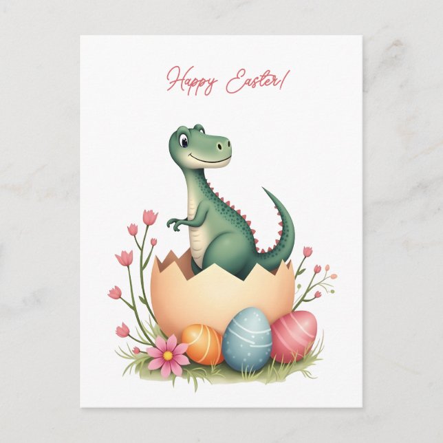 Easter card with a dinosaur in pastel colors (Front)