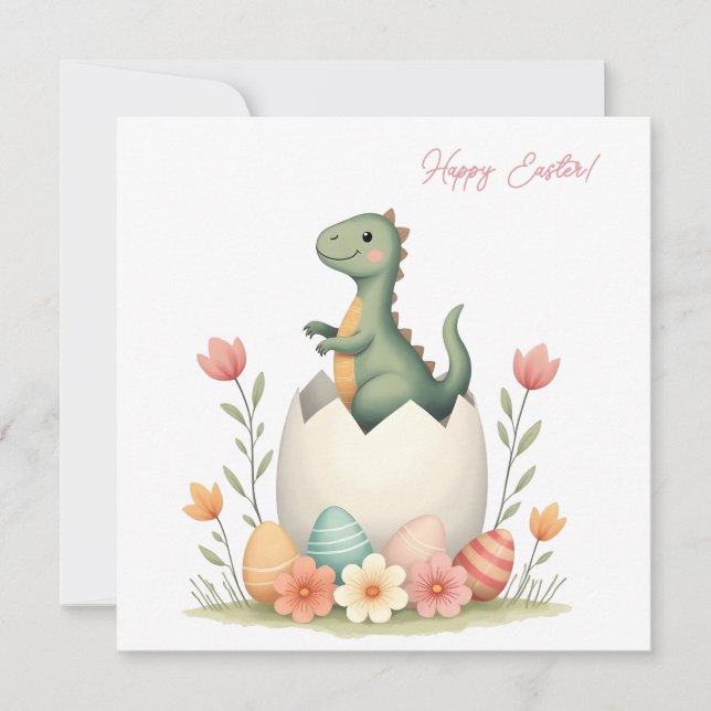 Easter card with a dinosaur in pastel colors (Front)