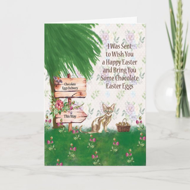 Easter Card with Cat Delivering Chocolate Eggs (Front)