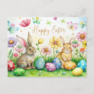 Easter card with cute bunnies, flowers and eggs