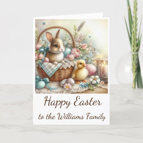 Easter Card with Eggs Bunny Basket  Chick
