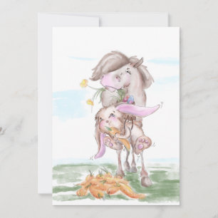 Easter card with sweet rabbit and horse