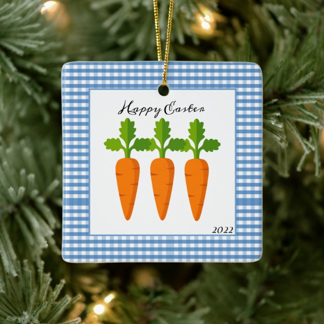 Easter Carrots on Blue Gingham Holiday Tree  Ceramic Ornament (Tree)