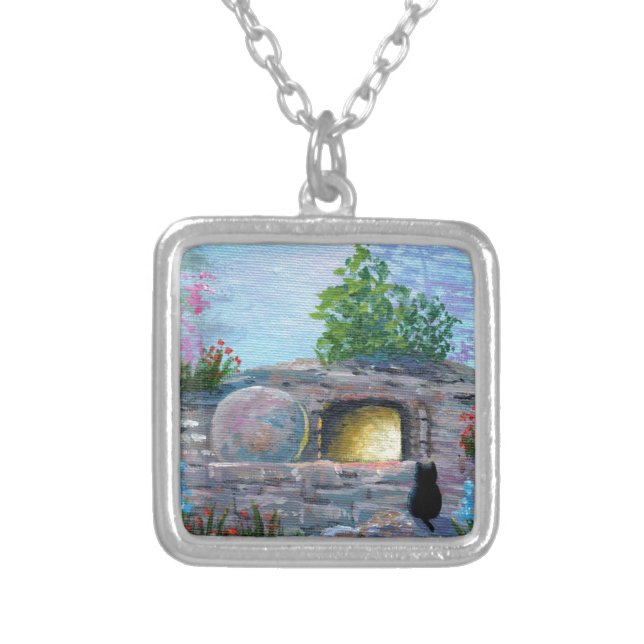 Easter Cat Christian Art Empty Tomb Silver Plated Necklace (Front)