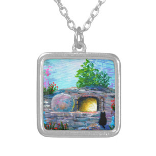 Easter Cat Christian Art Empty Tomb Silver Plated  Necklace