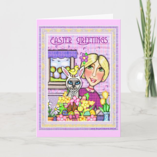 Easter Cat in Basket & Lady Greeting Card (Front)