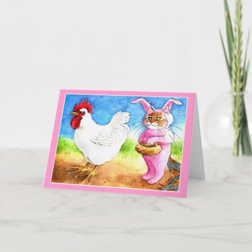 Easter cat in bunny suit and rooster holiday card