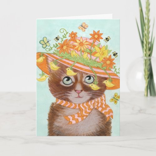 Easter Cat in Easter Bonnet with Butterflies Holiday Card