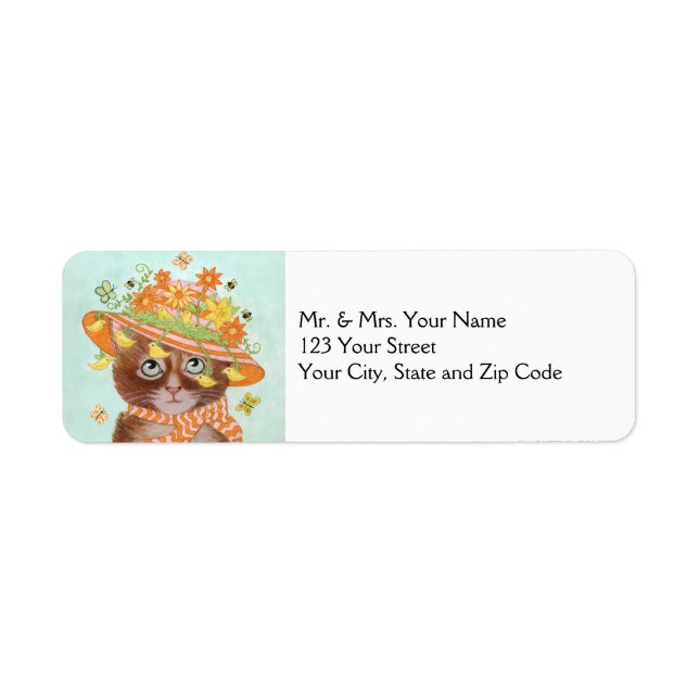 Easter Cat in Easter Bonnet with Butterflies Label (Front)