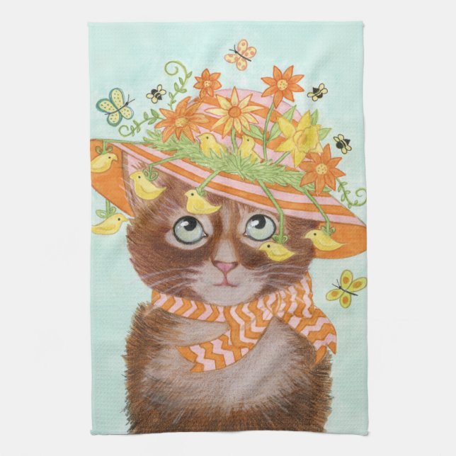 Easter Cat in Easter Bonnet with Butterflies Towel (Vertical)